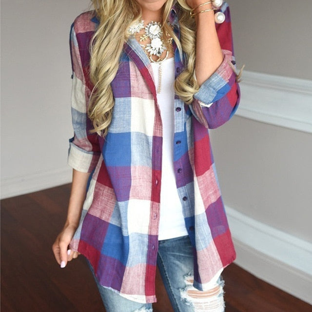 Women's Casual Long Sleeve Plaid Shirt Cotton Hemp Blend Top - Image 8