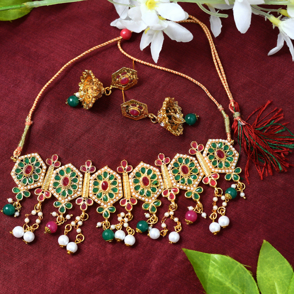 Meena and pearl work gold-polished brass statement choker