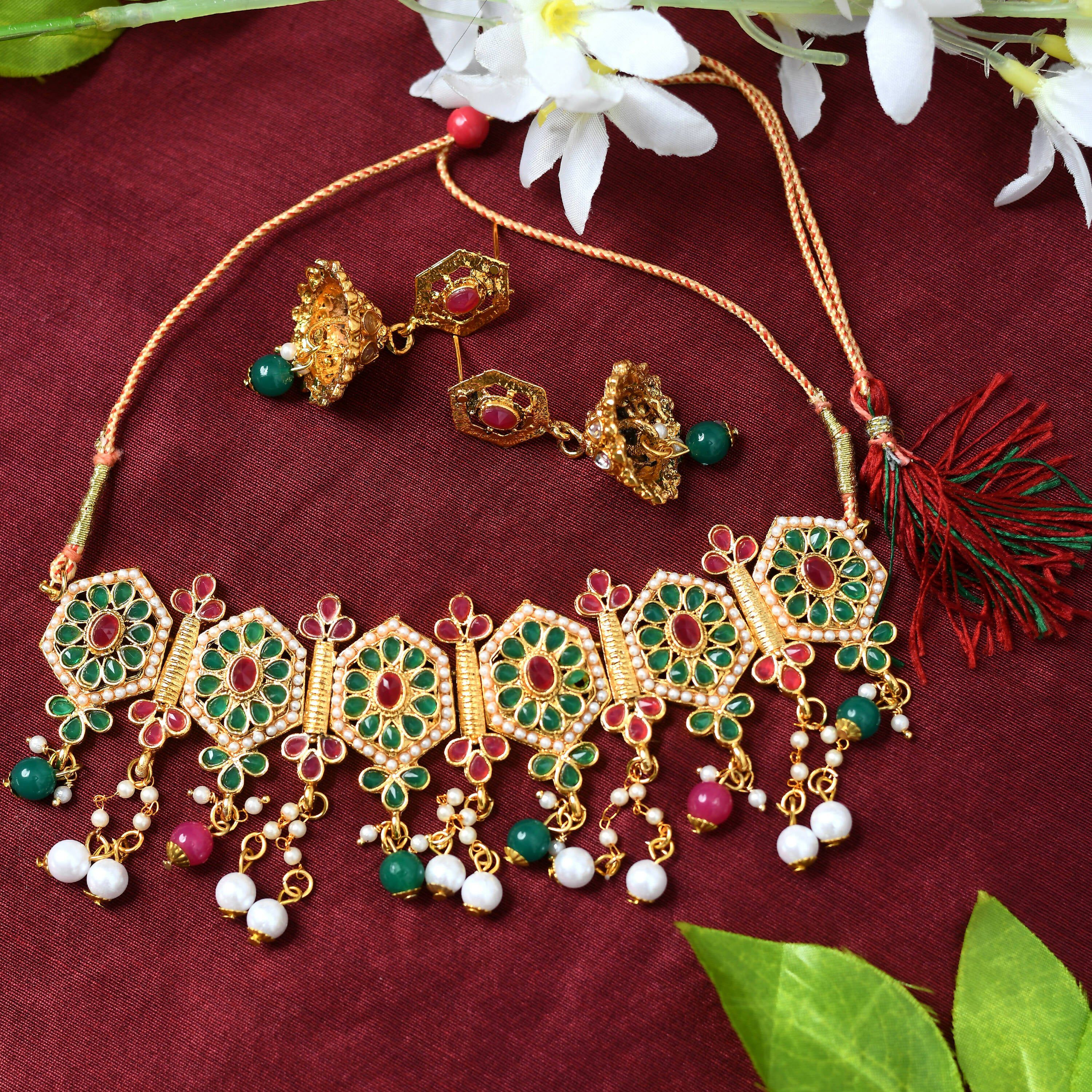 Meena and pearl work gold-polished brass statement choker