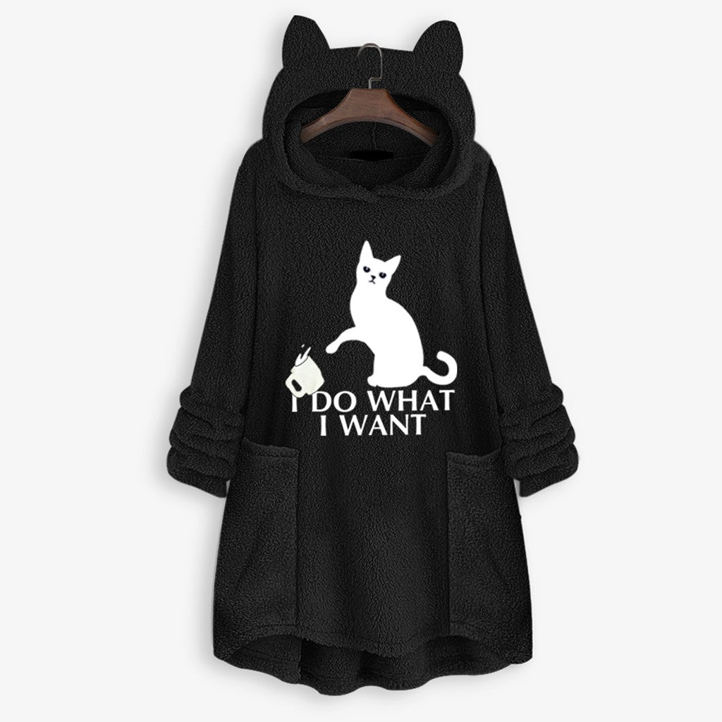 Playful Cat Ear Hoodie Sweatshirt with 'I Do What I Want' Graphic - Image 2