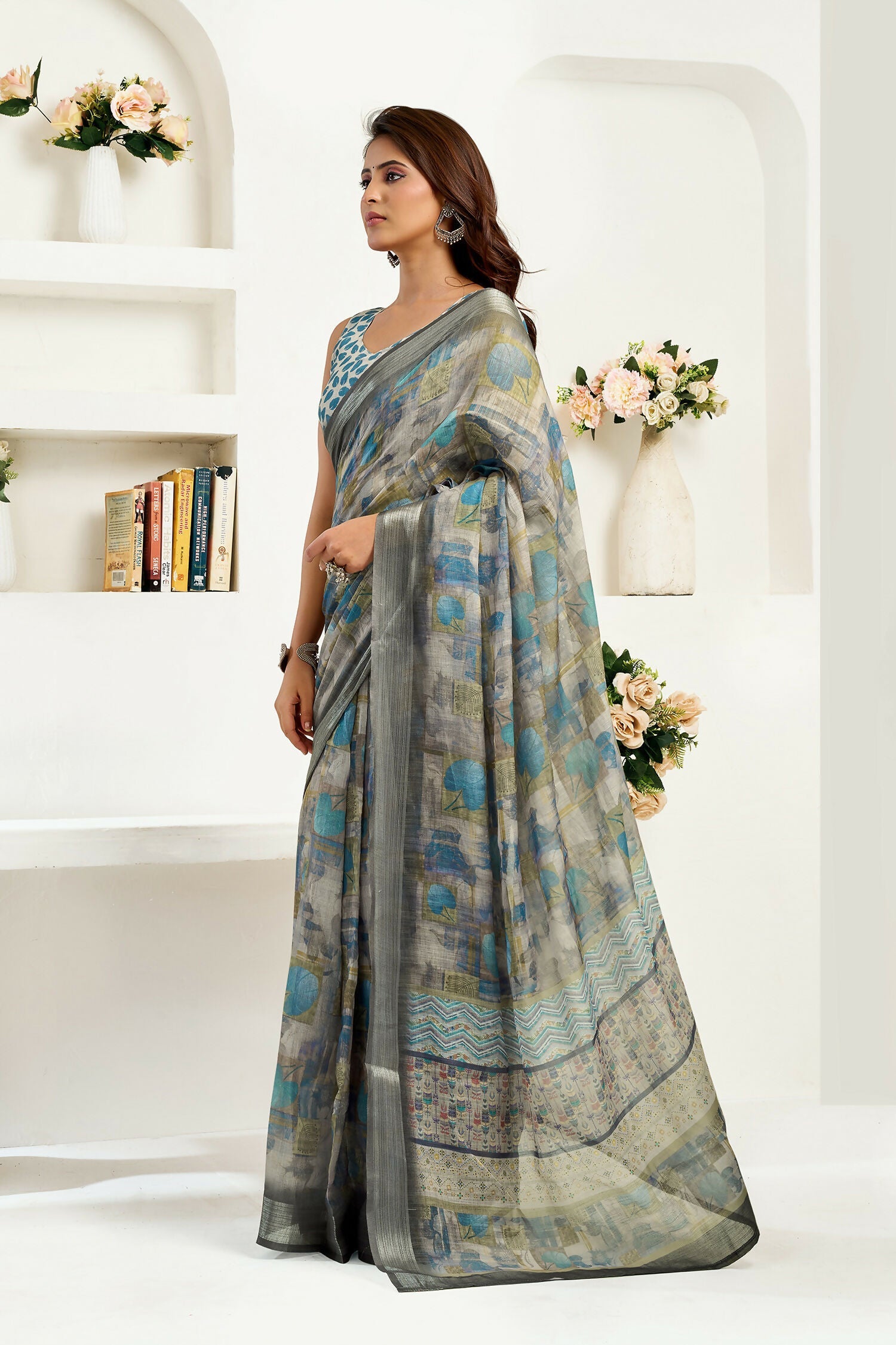 Dusty Brown Floral Ethnic Motif Linen Ready to Wear Saree