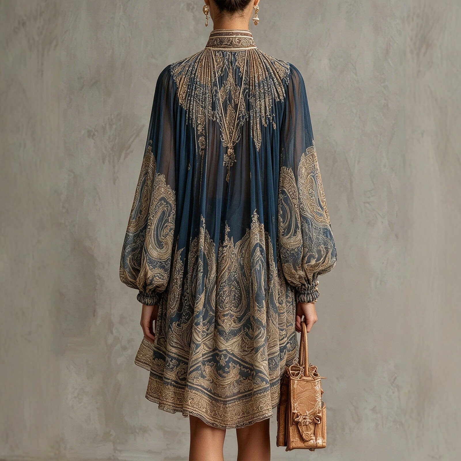 Navy Blue Printed Puff Sleeve Stand Collar Bohemian Midi Dress