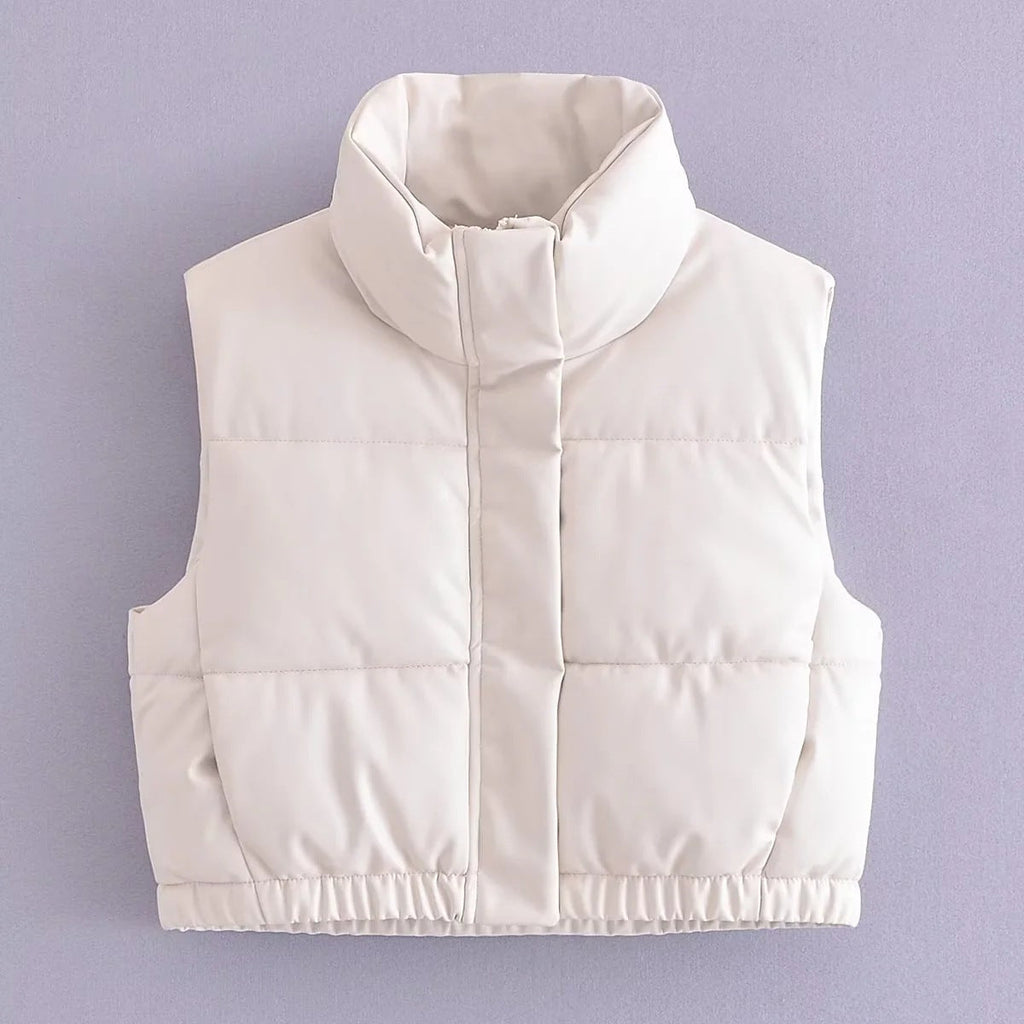 Women's Cropped PU Leather Puffer Vest with Stand-Up Collar - Image 4