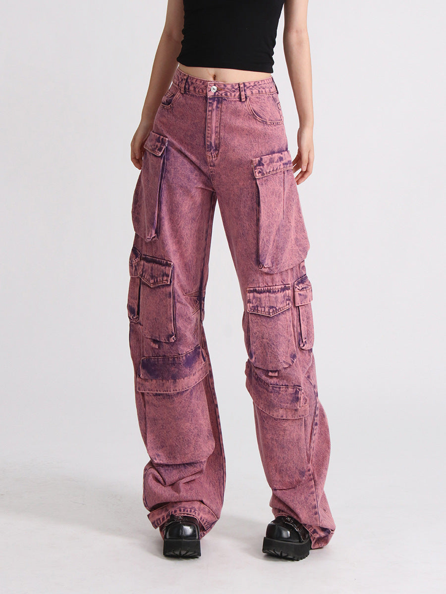 Women's Pink Acid Wash High Waist Wide Leg Patchwork Cargo Jeans - Image 3