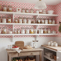 Fresa geometric wallpaper with pink, white, red, and green patterns in a cottagecore aesthetic.