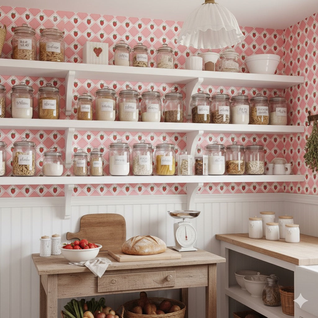 Fresa geometric wallpaper with pink, white, red, and green patterns in a cottagecore aesthetic.