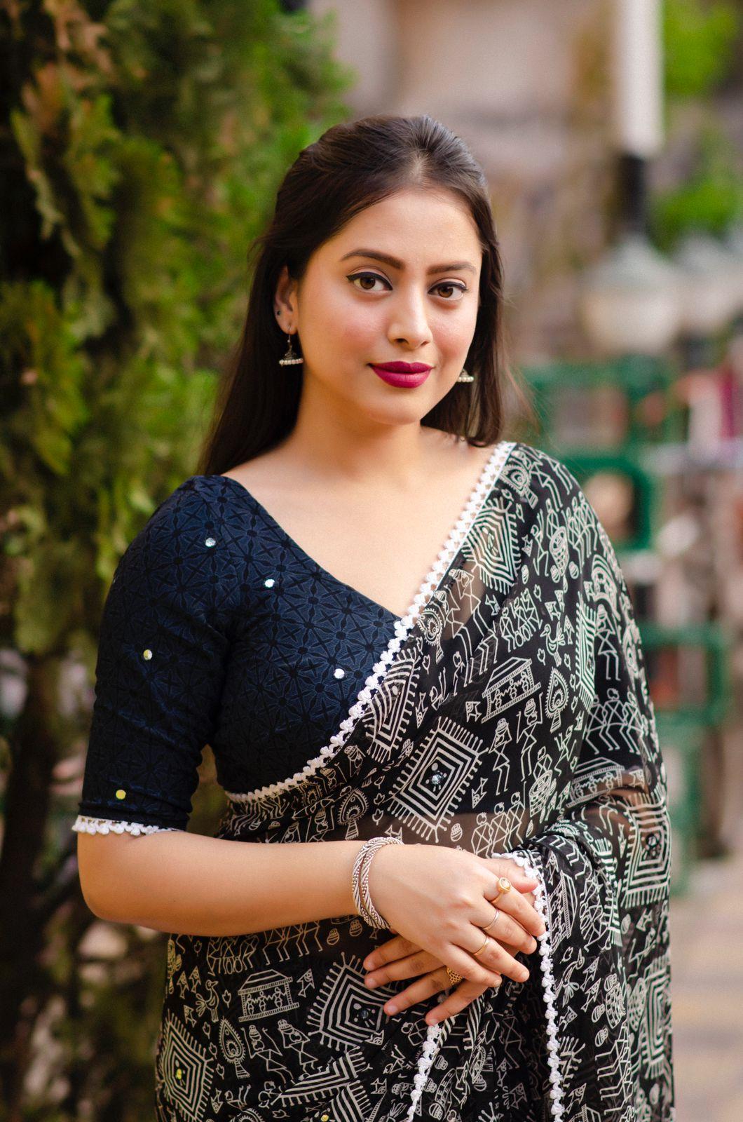 Black Poly Georgette Saree with Aari Mirror Work