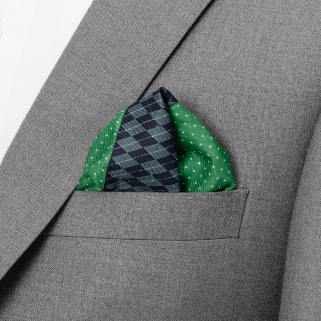 Navy and Kelly Green Argyle Dot Reversible Pocket Square - Image 2