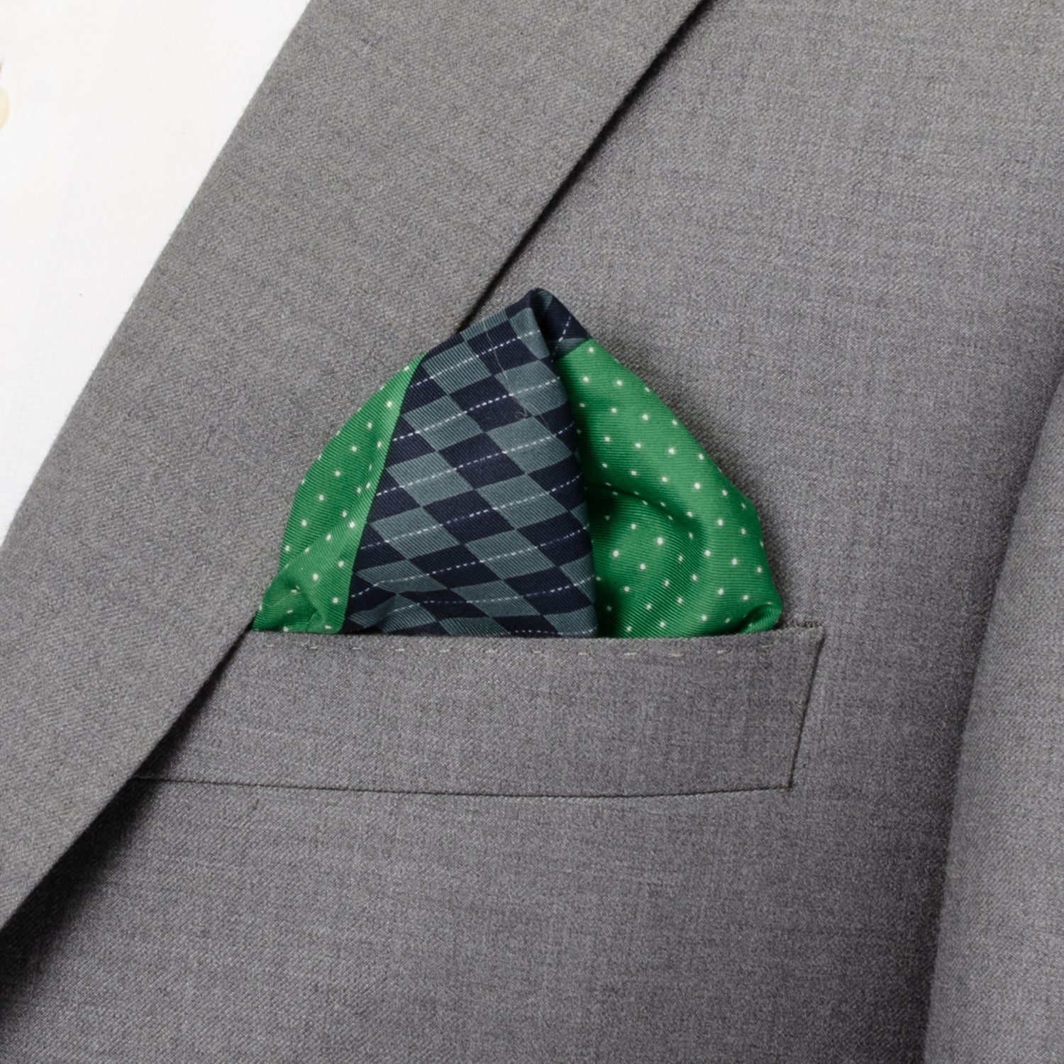 Navy and Kelly Green Argyle Dot Reversible Pocket Square - Image 2