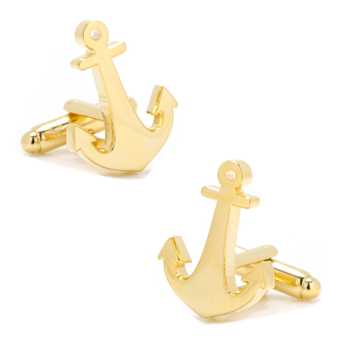 A pair of gold plated anchor shaped cufflinks on a white background.
