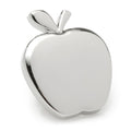 A silver tone apple-shaped lapel pin seen from the front and back with a secure clasp.