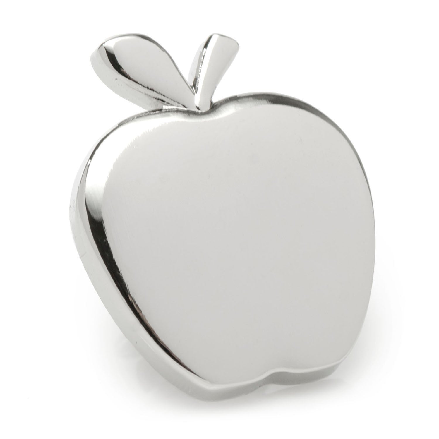 A silver tone apple-shaped lapel pin seen from the front and back with a secure clasp.