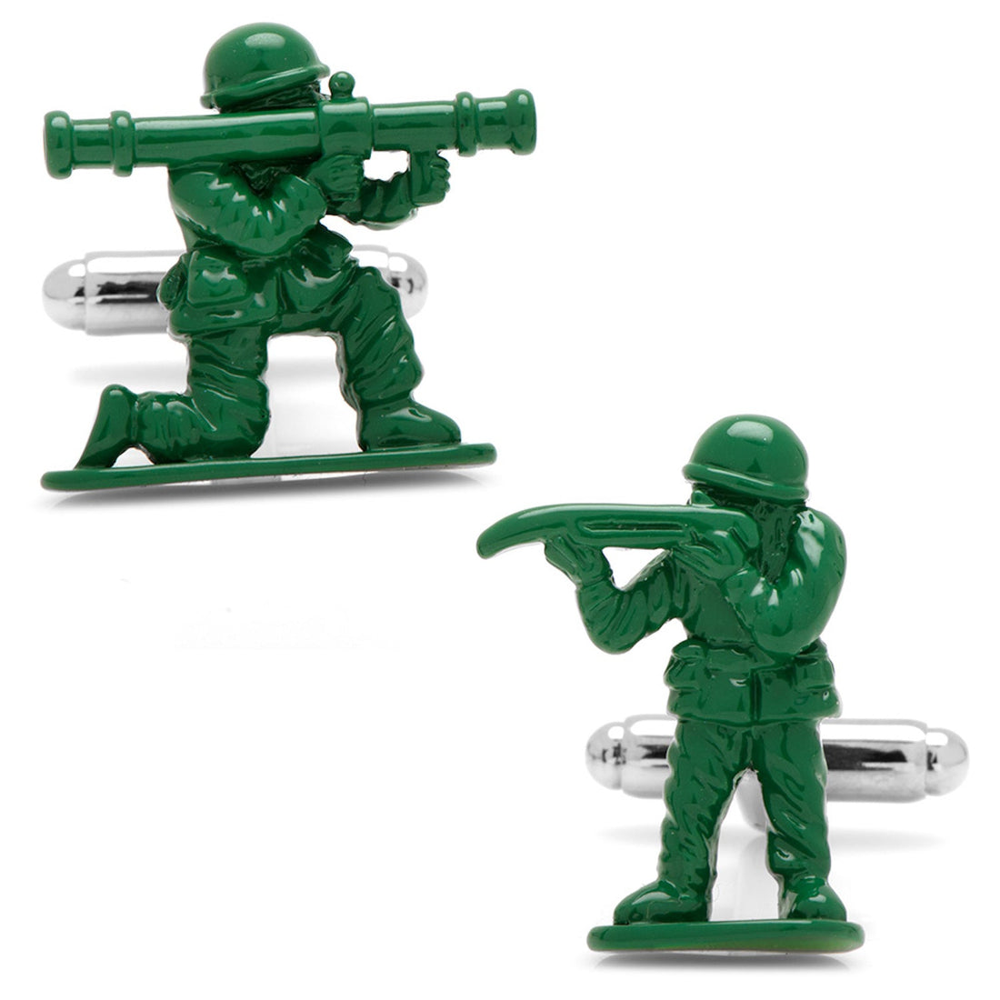 A pair of green plastic army men shaped cufflinks on a white background