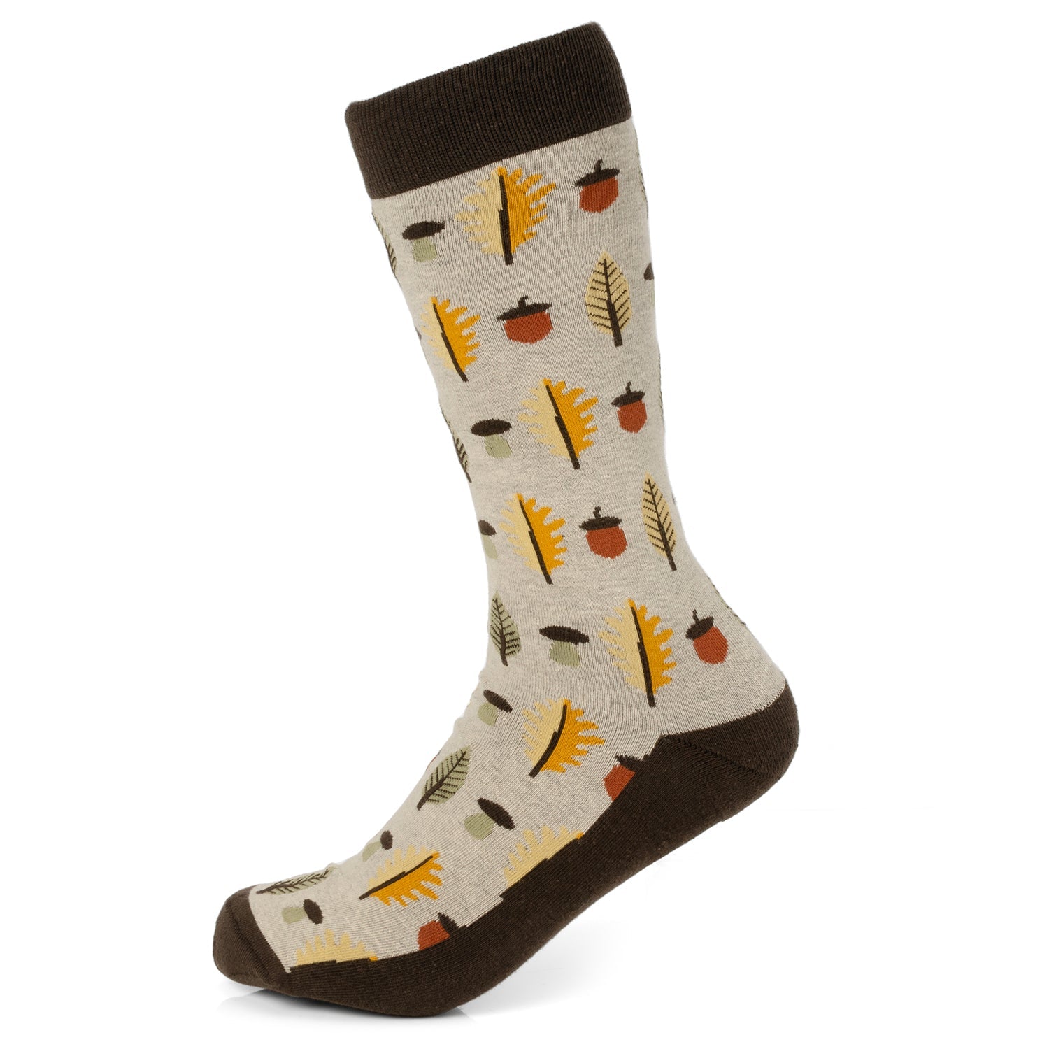 Close up of tan crew socks featuring an autumn print of fall leaves, mushrooms, and acorns.