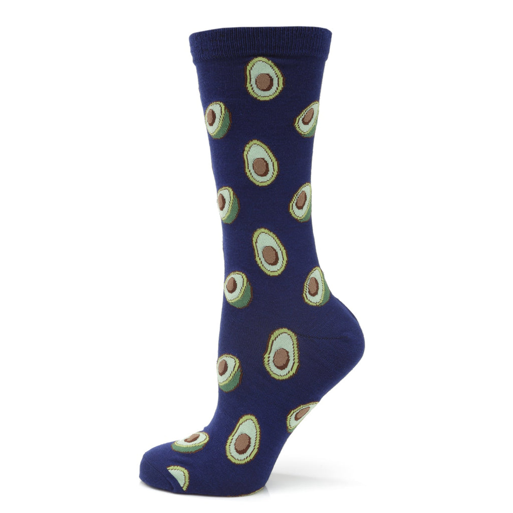 Men's navy blue crew socks with a green and brown avocado pattern