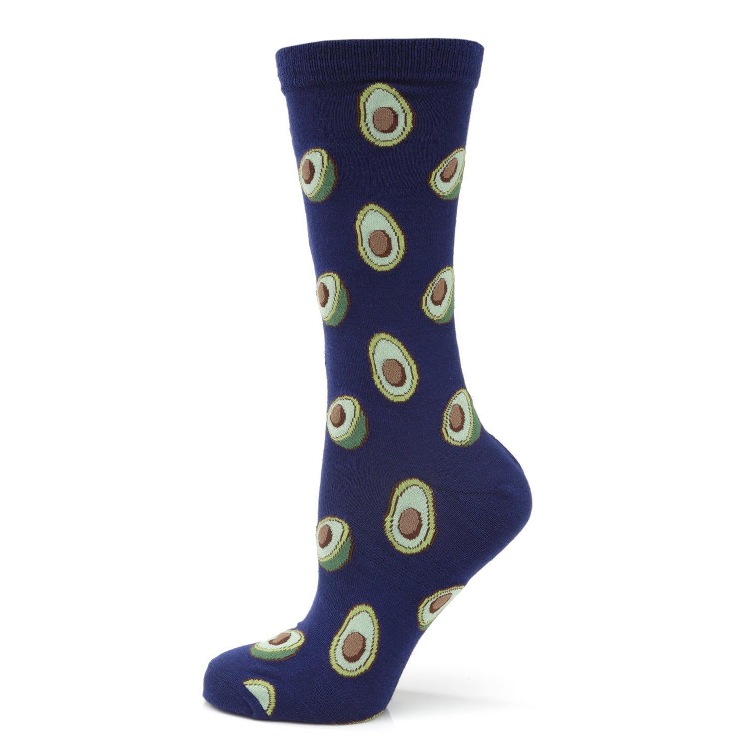 Men's navy blue crew socks with a green and brown avocado pattern