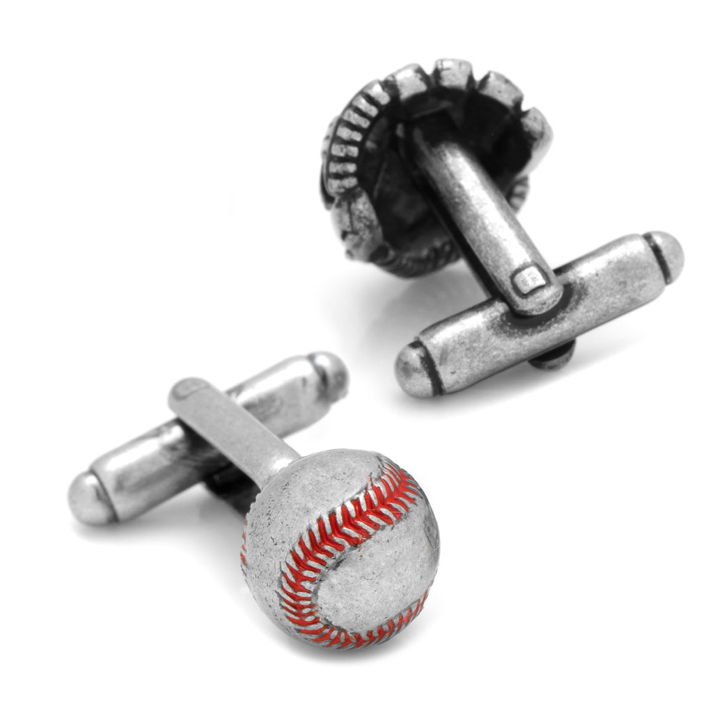 Antique Silver Baseball and Glove Cufflinks with Red Details - Image 2