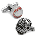 Antique silver baseball and glove shaped cufflinks with red enamel stitching details