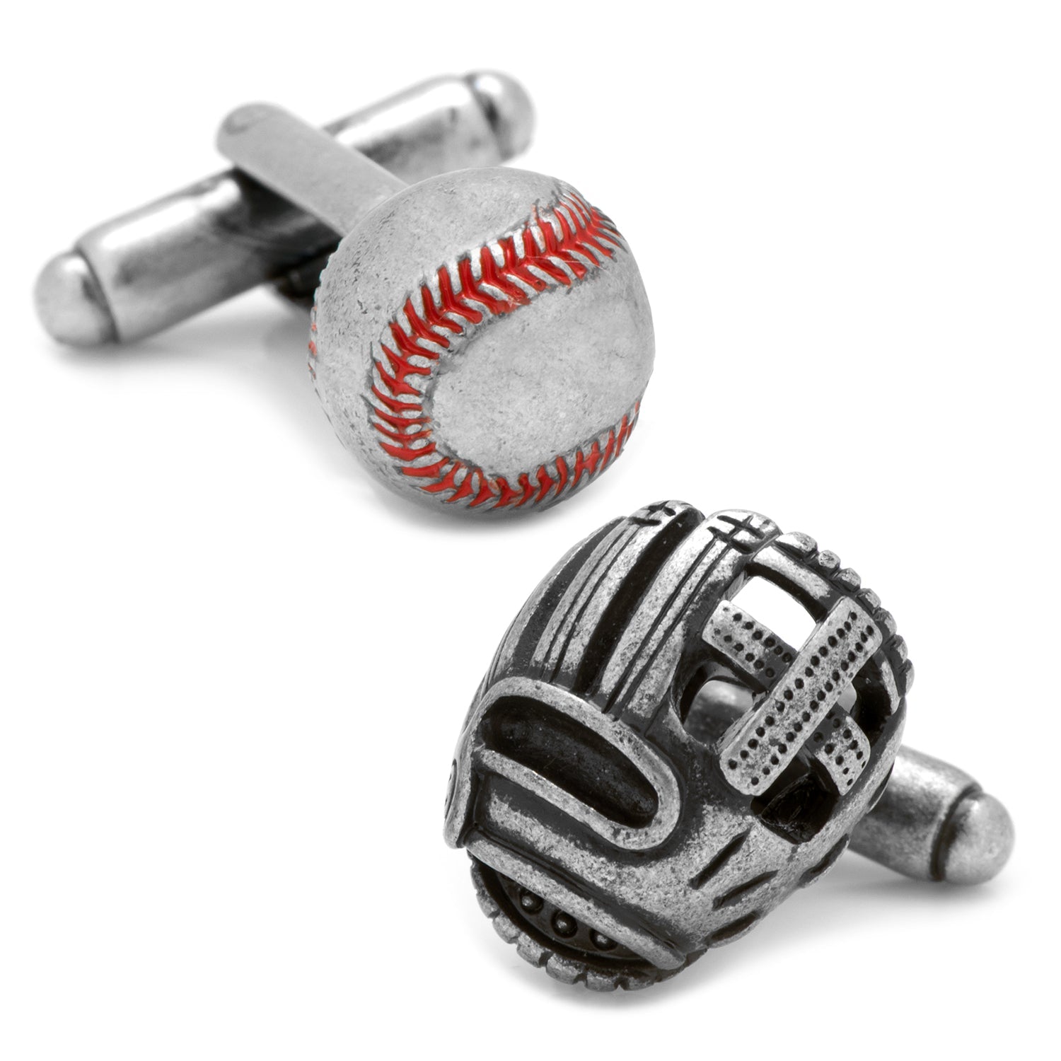 Antique silver baseball and glove shaped cufflinks with red enamel stitching details