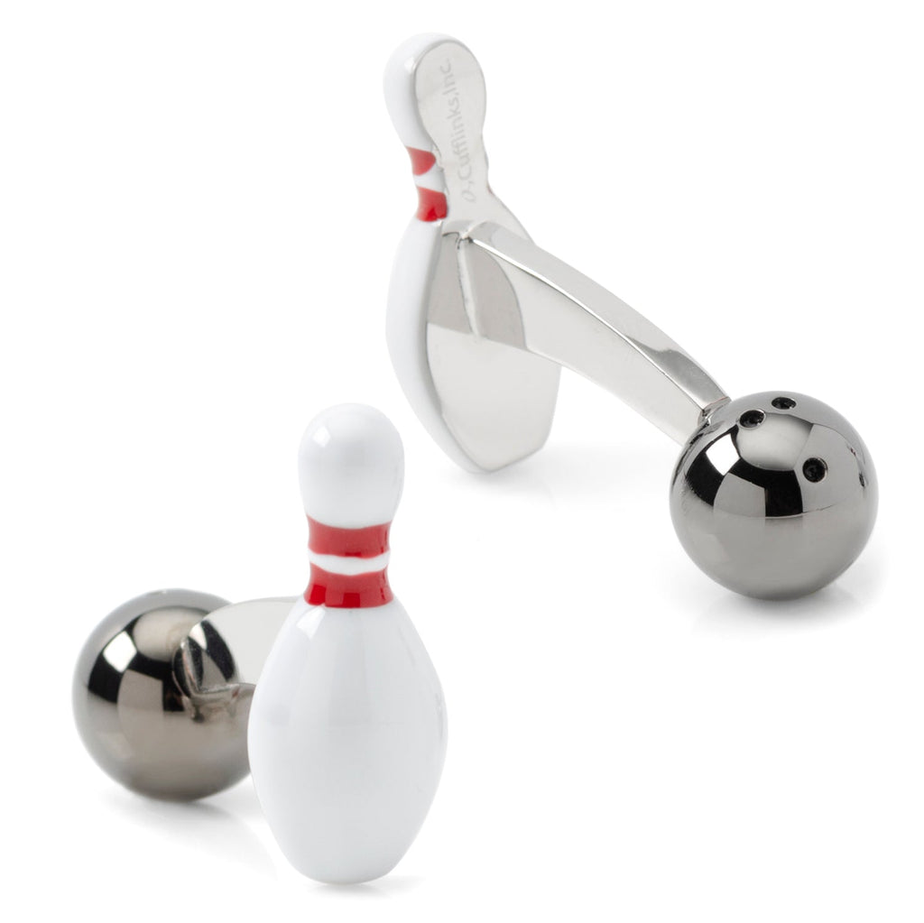 Bowling Pin and Ball 3D Cufflinks in White and Silver Tone - Image 2
