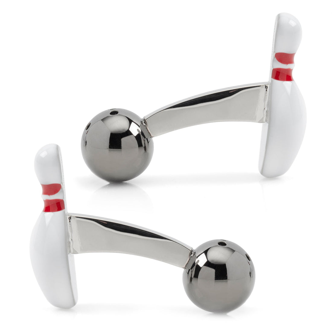 Bowling Pin and Ball 3D Cufflinks in White and Silver Tone - Image 4