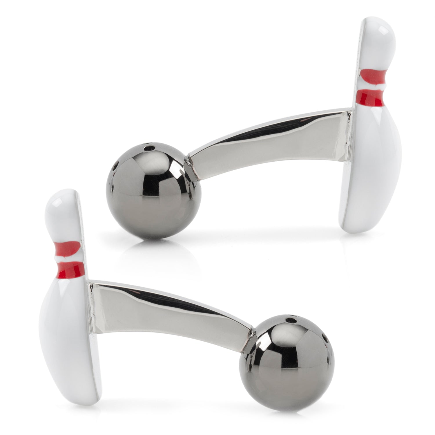 Bowling Pin and Ball 3D Cufflinks in White and Silver Tone - Image 4