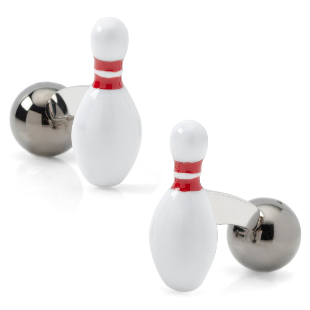 Pair of 3D bowling pin and ball cufflinks with white pins and metallic grey ball backings