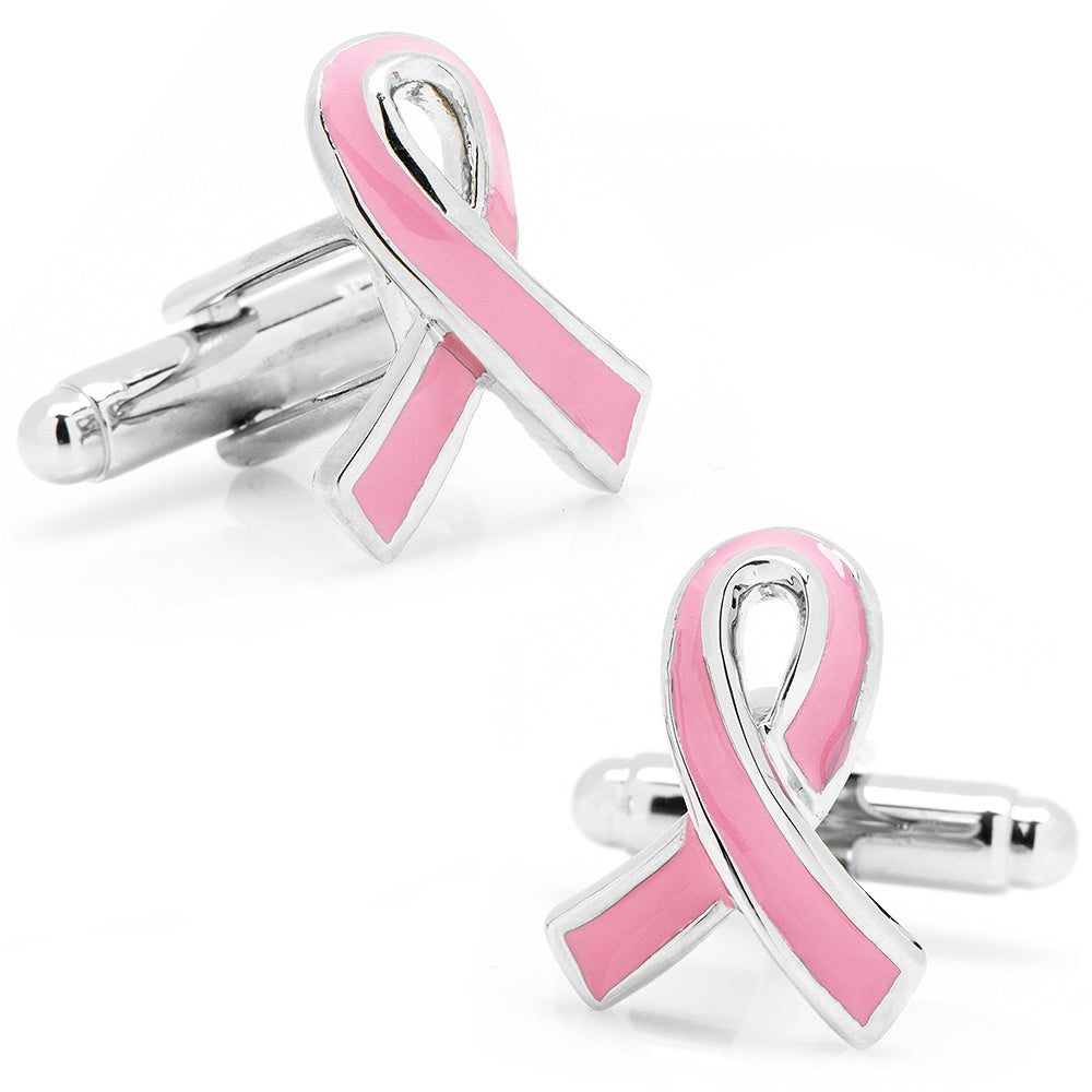 Pink Ribbon Breast Cancer Awareness Cufflinks featuring a polished pink ribbon symbol on a metallic base.