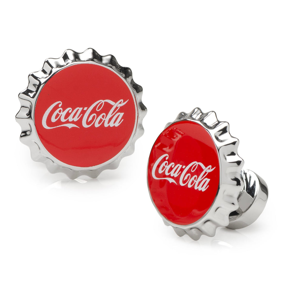 Close up of Coca-Cola bottle cap themed cufflinks with red enamel and silver tone base metal