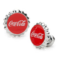 Close up of Coca-Cola bottle cap themed cufflinks with red enamel and silver tone base metal