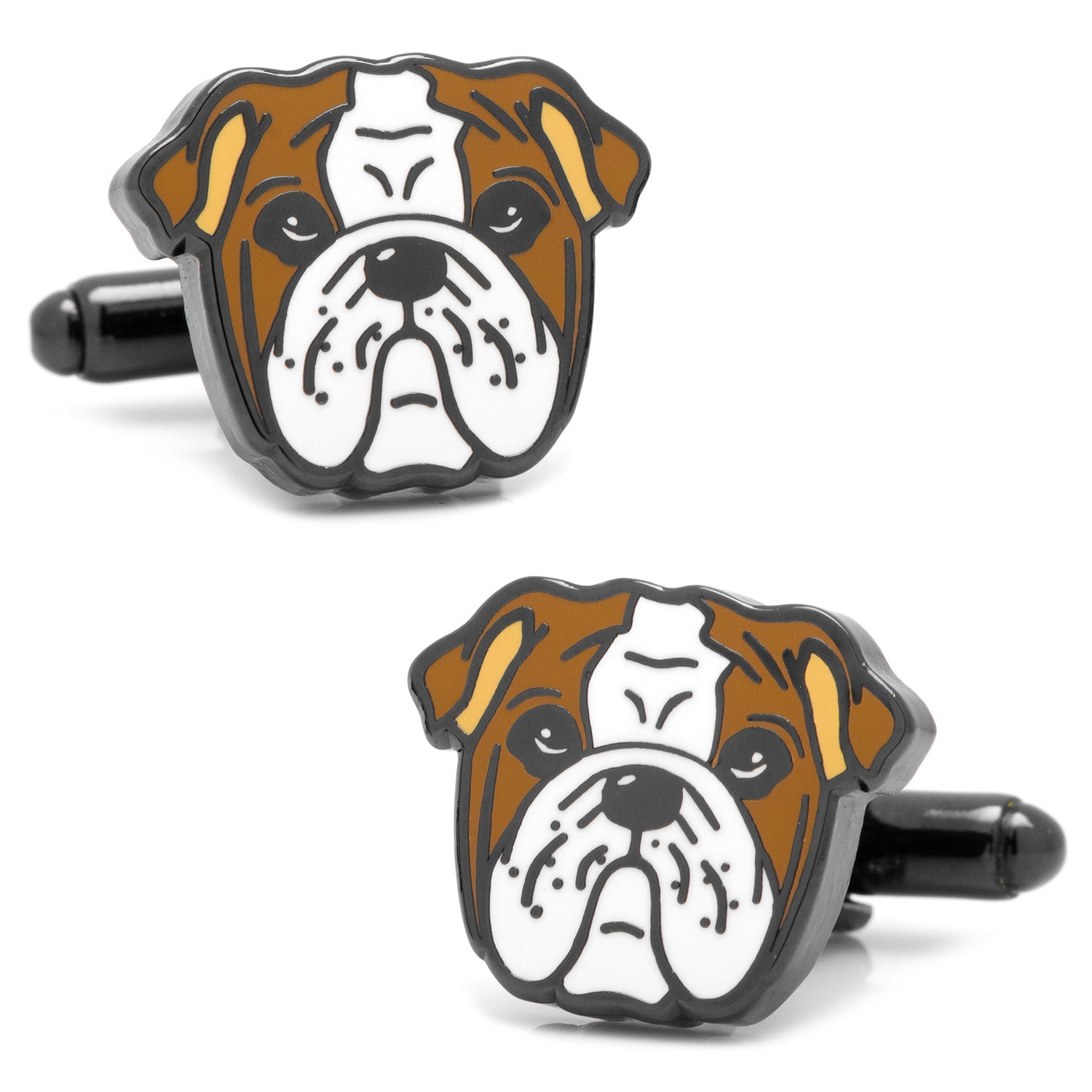 Close up of a pair of English Bulldog face cufflinks made with brown and white enamel on a black metal base.