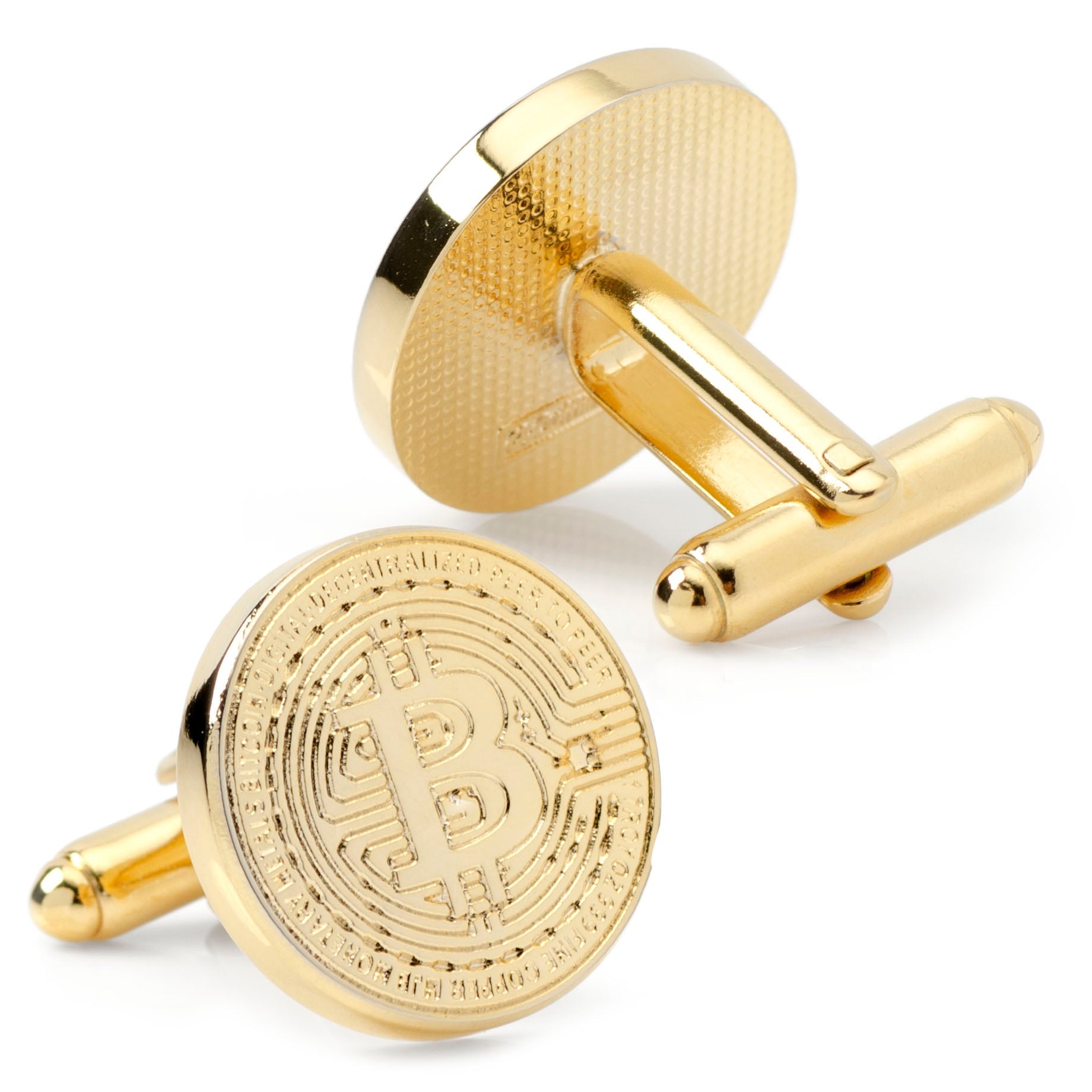 Gold Tone Bitcoin Debossed Cufflinks for Crypto Enthusiasts - Image 2