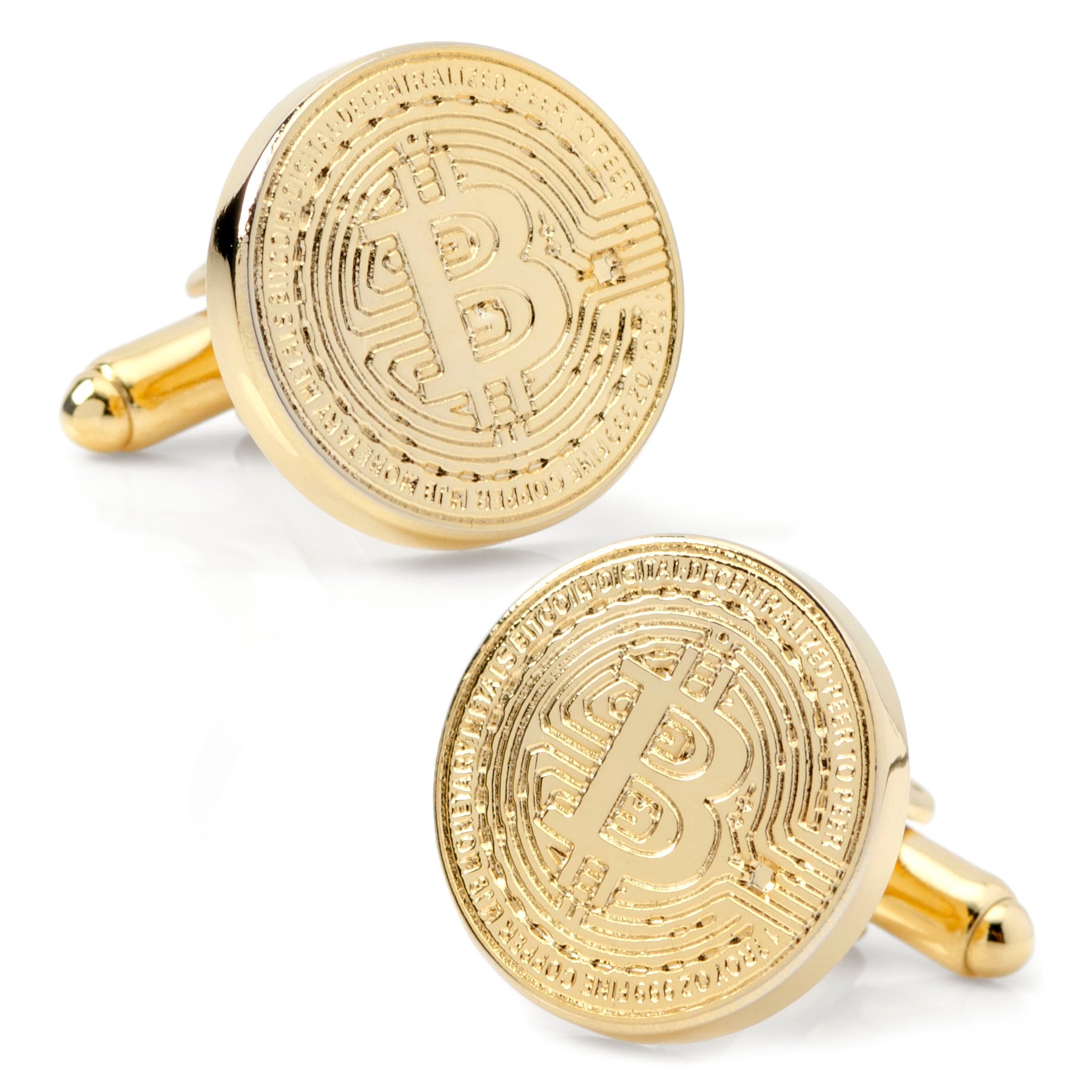 A pair of round gold-tone cufflinks featuring a debossed Bitcoin logo design on a white background.