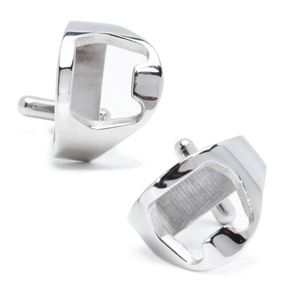A pair of functional silver-toned stainless steel bottle opener cufflinks on a white background.