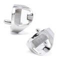 A pair of functional silver-toned stainless steel bottle opener cufflinks on a white background.