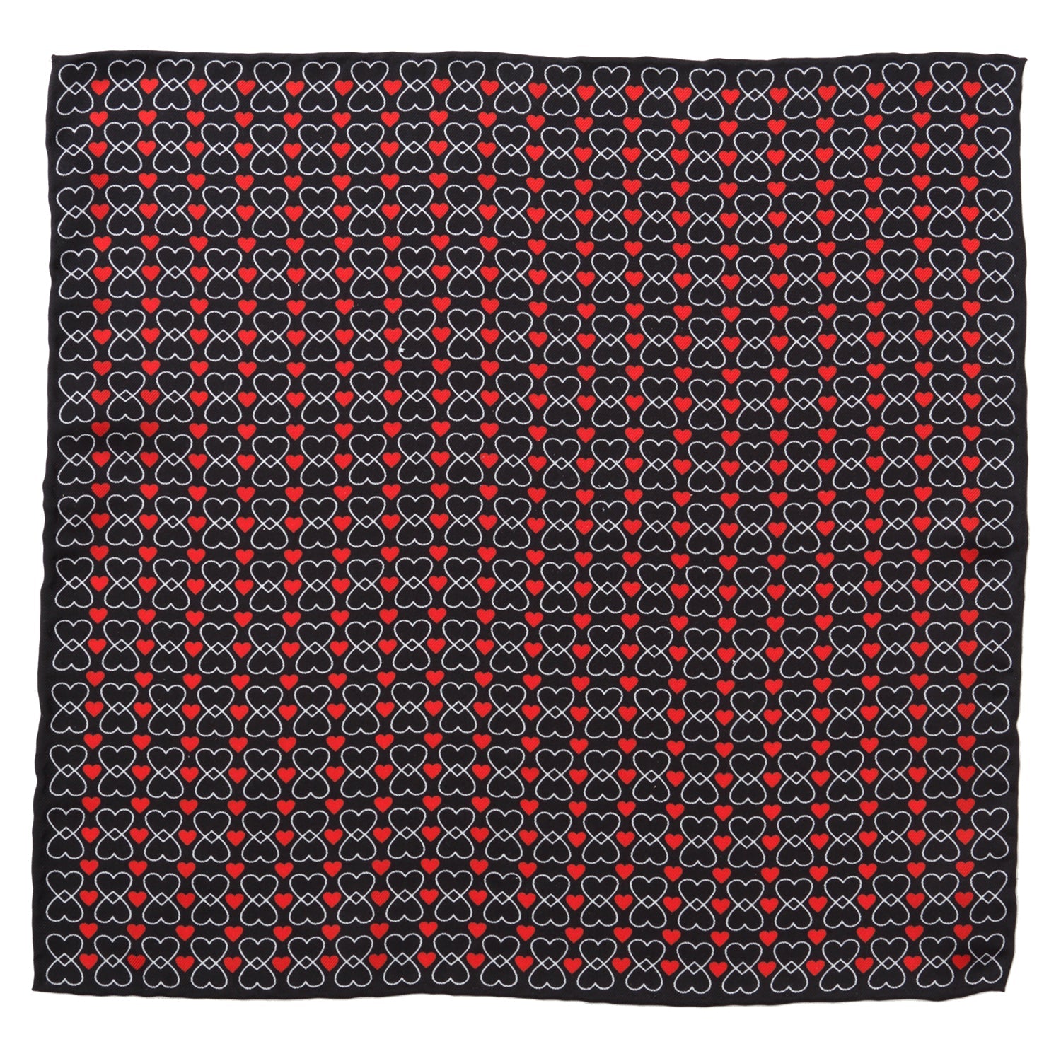 A black silk pocket square featuring a repeating pattern of white intertwined hearts and small red hearts.
