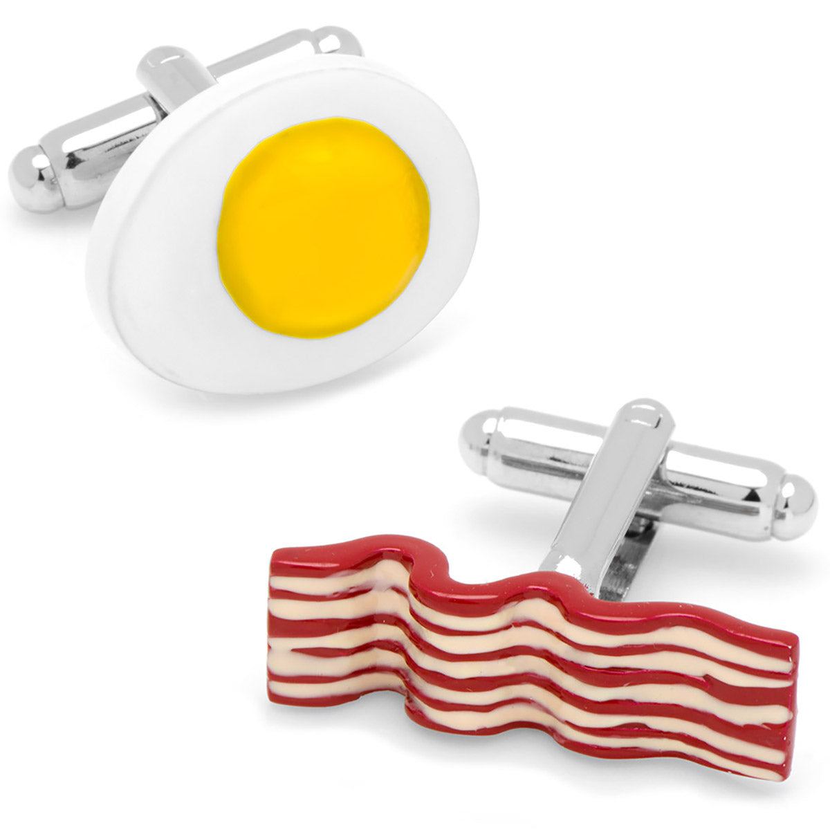A pair of novelty cufflinks featuring a fried egg on one and a strip of bacon on the other.