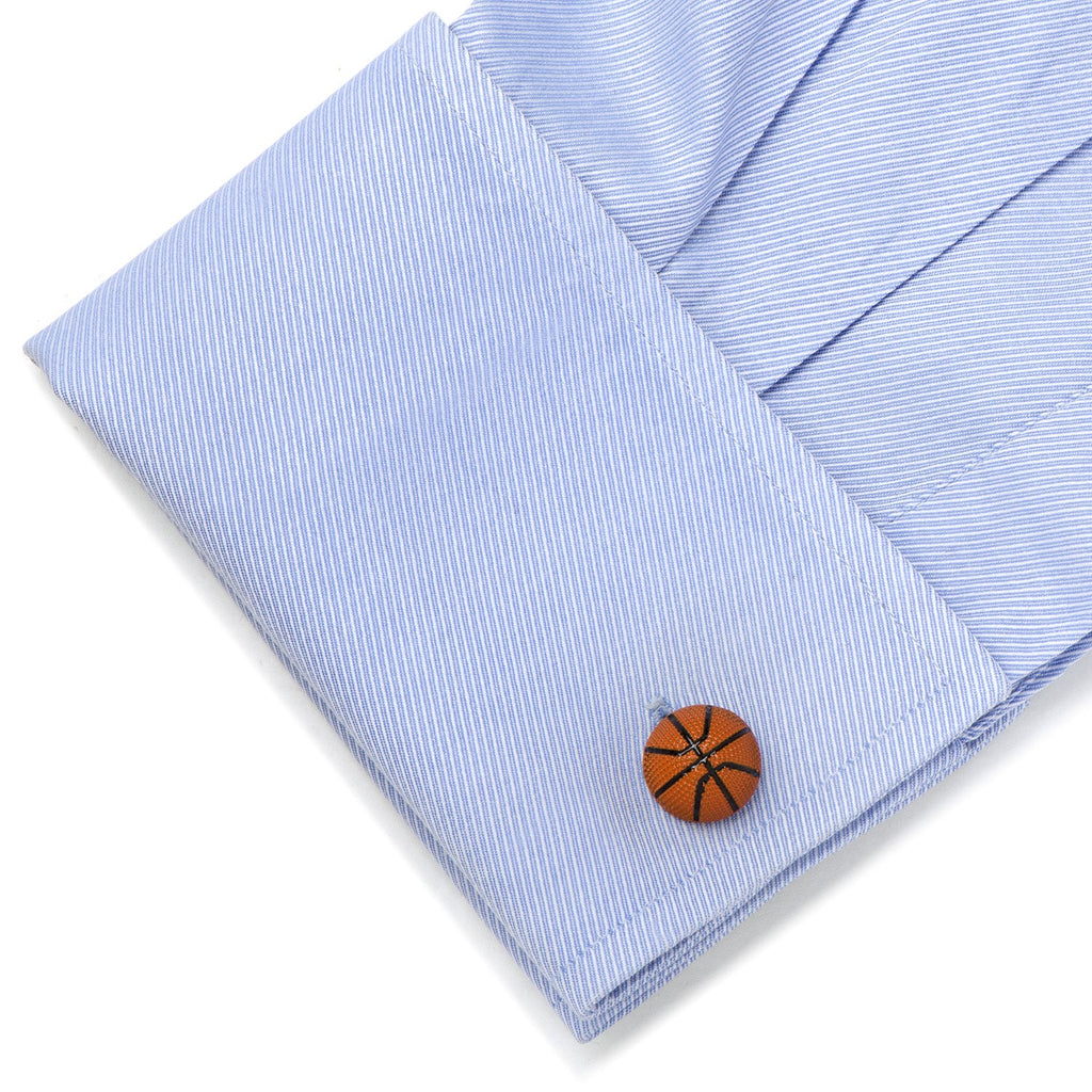 3D Basketball Cufflinks in Orange and Black Enamel - Image 3