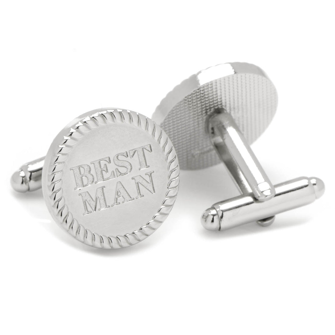 Best Man Silver Round Cufflinks with Engraved Detail - Image 2
