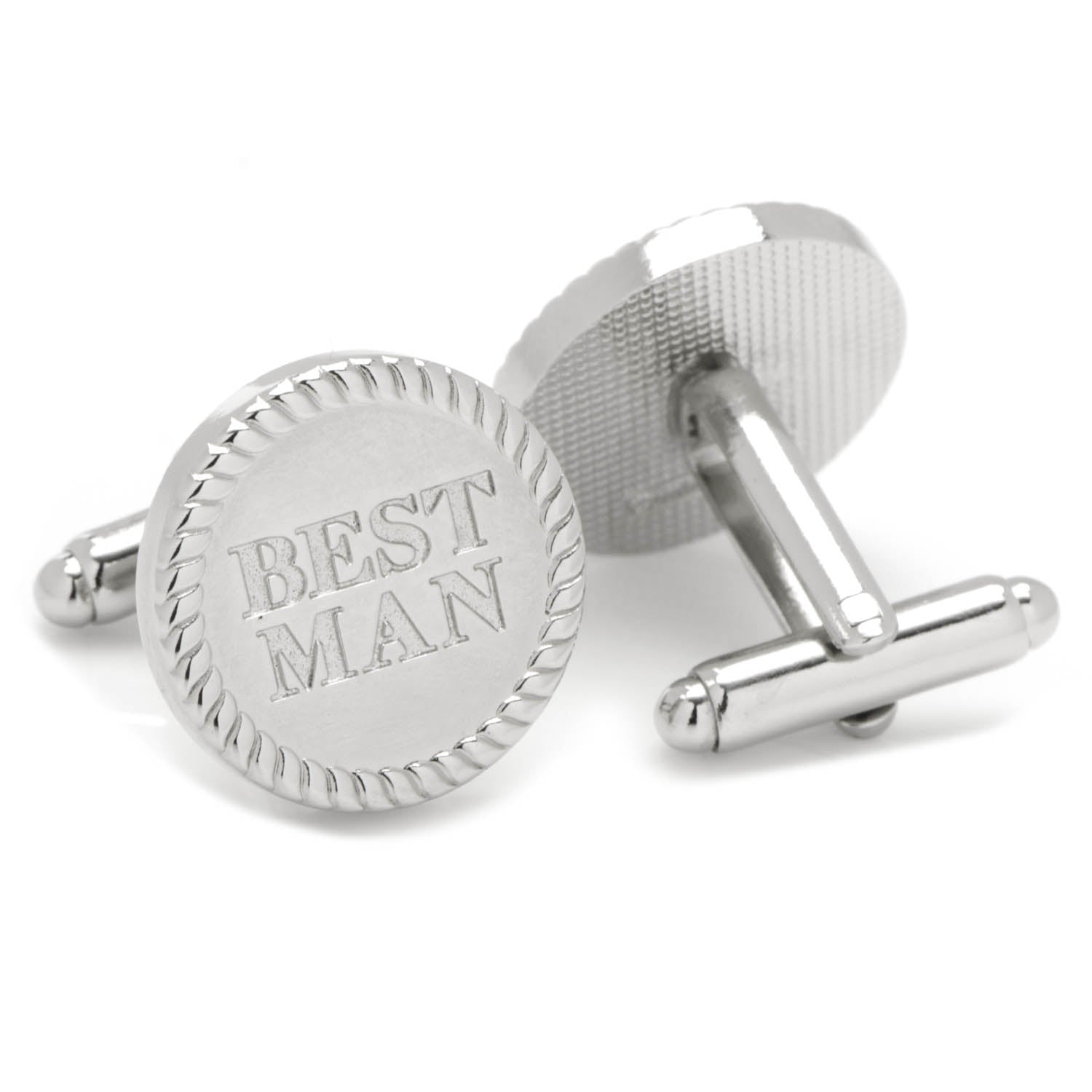 Best Man Silver Round Cufflinks with Engraved Detail - Image 2