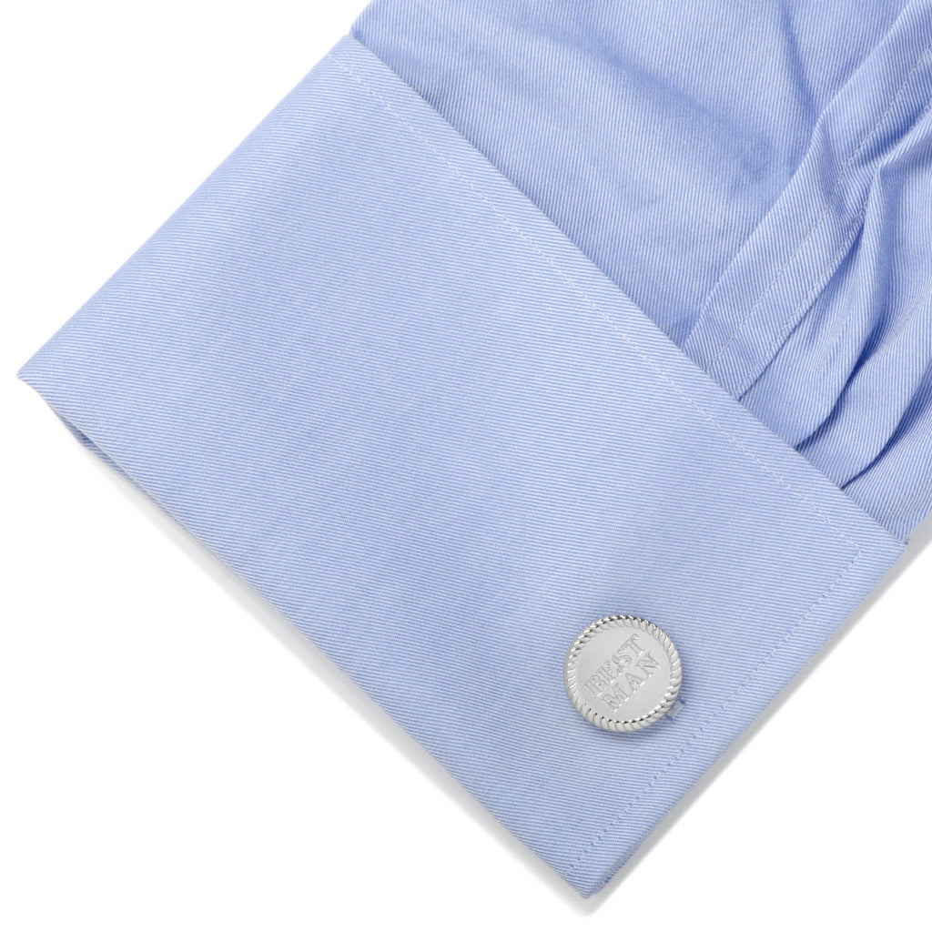 Best Man Silver Round Cufflinks with Engraved Detail - Image 3