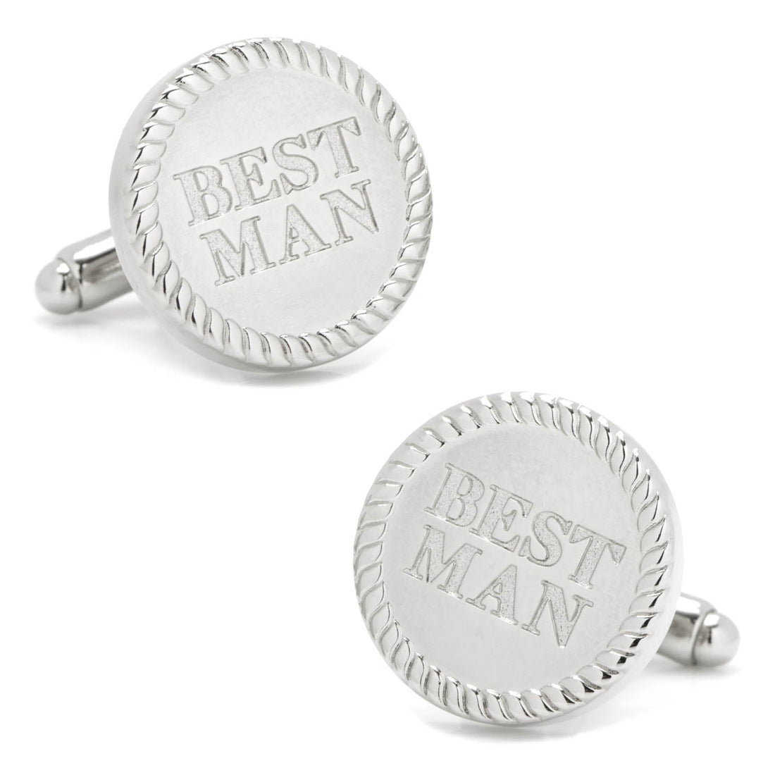 Round silver-tone cufflinks with the words BEST MAN engraved in the center with a rope-style border.