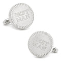 Round silver-tone cufflinks with the words BEST MAN engraved in the center with a rope-style border.