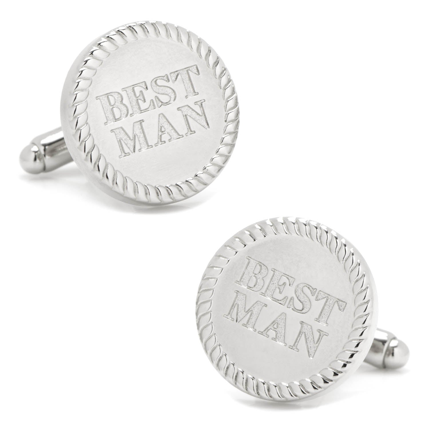 Round silver-tone cufflinks with the words BEST MAN engraved in the center with a rope-style border.