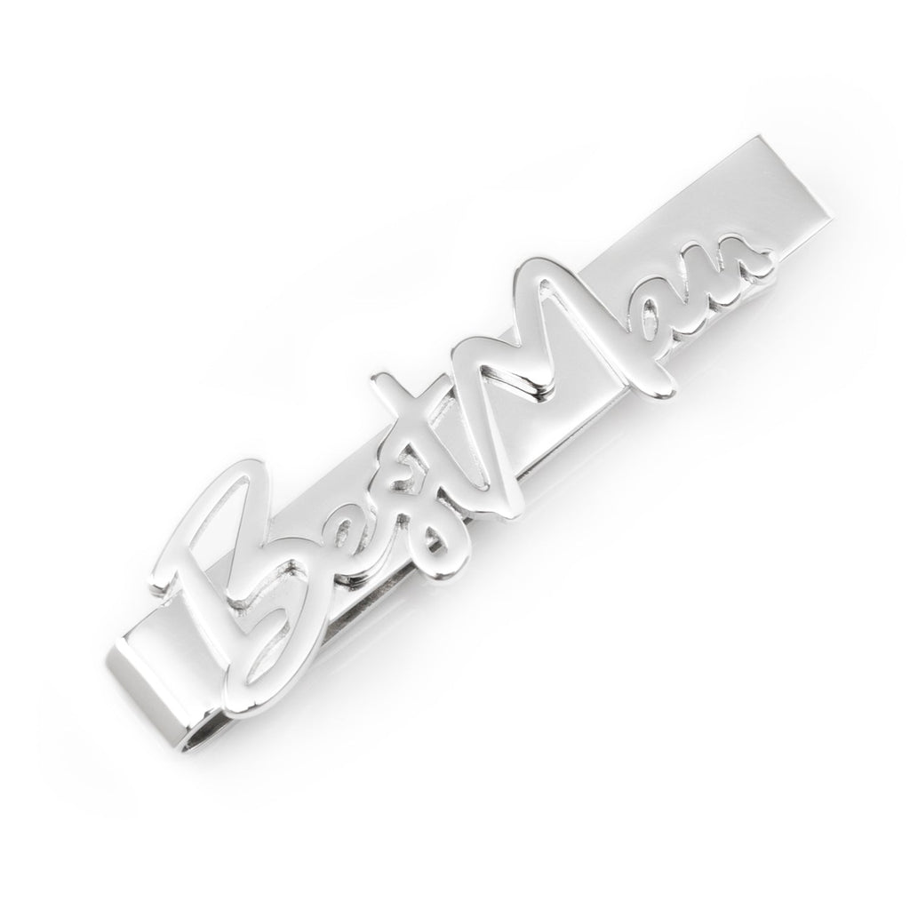 Silver tone tie bar with script lettering reading Best Man displayed on a pink paisley tie