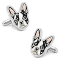 A pair of silver plated cufflinks shaped like Boston Terrier dog faces with black, white, and pink enamel details.