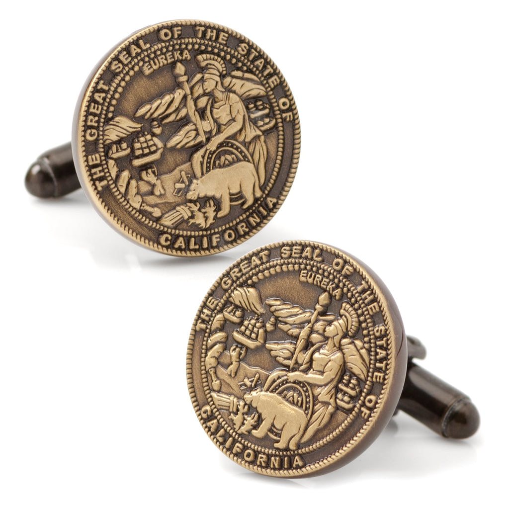 Close up of California State Seal embossed cufflinks in an antiqued bronze tone finish.