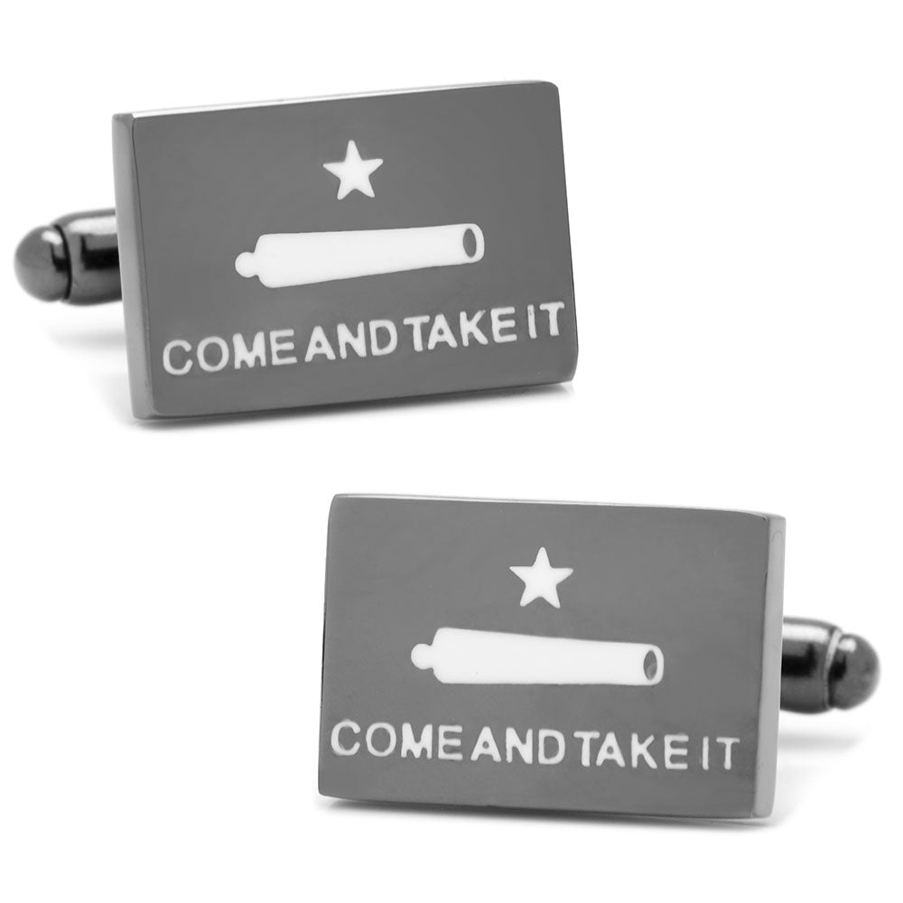 A pair of rectangular gunmetal-tone cufflinks featuring the white cannon and star Come and Take It Texas flag design