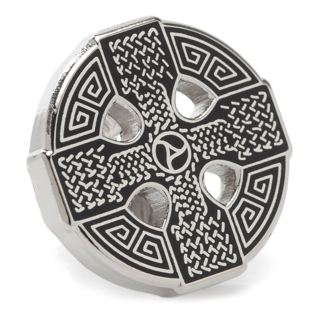 A silver-tone Celtic Cross Lapel Pin with black enamel detailing viewed from the front and back showing the clutch backing.