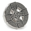 A silver-tone Celtic Cross Lapel Pin with black enamel detailing viewed from the front and back showing the clutch backing.